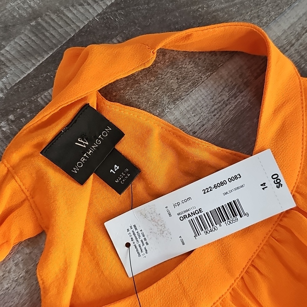NWT Worthington Orange Sleeveless Dress Chiffon High Low 14 Cinched Waist - Picture 5 of 9